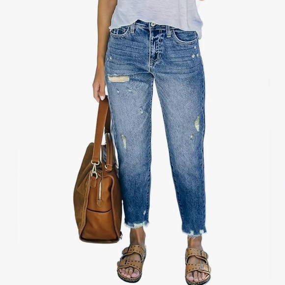 Boutique Denim - NEW| Women's Ripped Raw Hem Crop Straight Leg Jeans High Waist Casual Pants